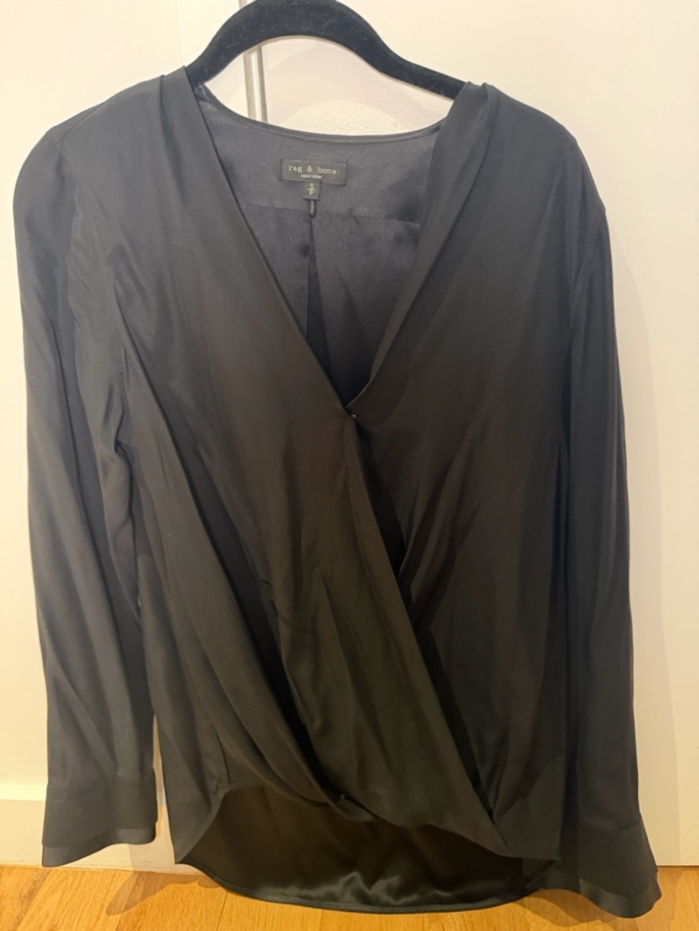 rag & bone Black Draped Wrap Blouse with Long Sleeves